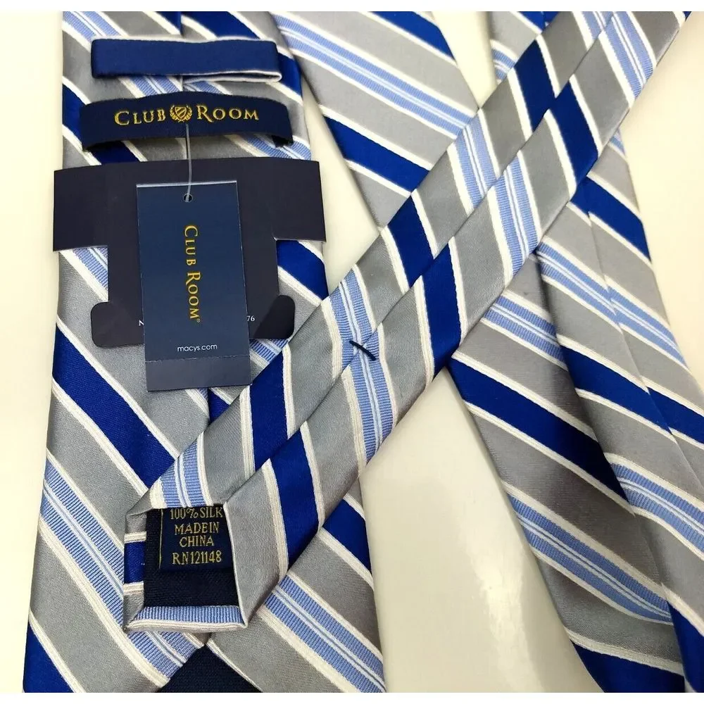 CLUB‎ ROOM 100% Silk Tie Estate Neckwear Seven Stripe Blue White Silver NWT
